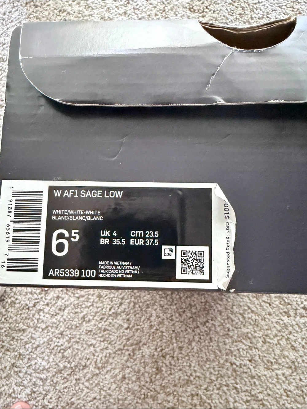 Nike Black Shoe Box with White Label - W AF1 SAGE LOW